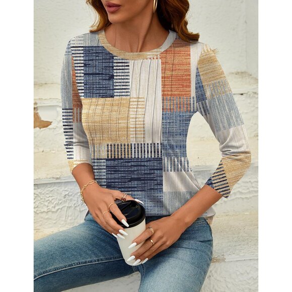 Women's 3/4 Sleeve Blouse Casual Tops Summer Shirts Pleated Hem Large - Picture 6 of 6